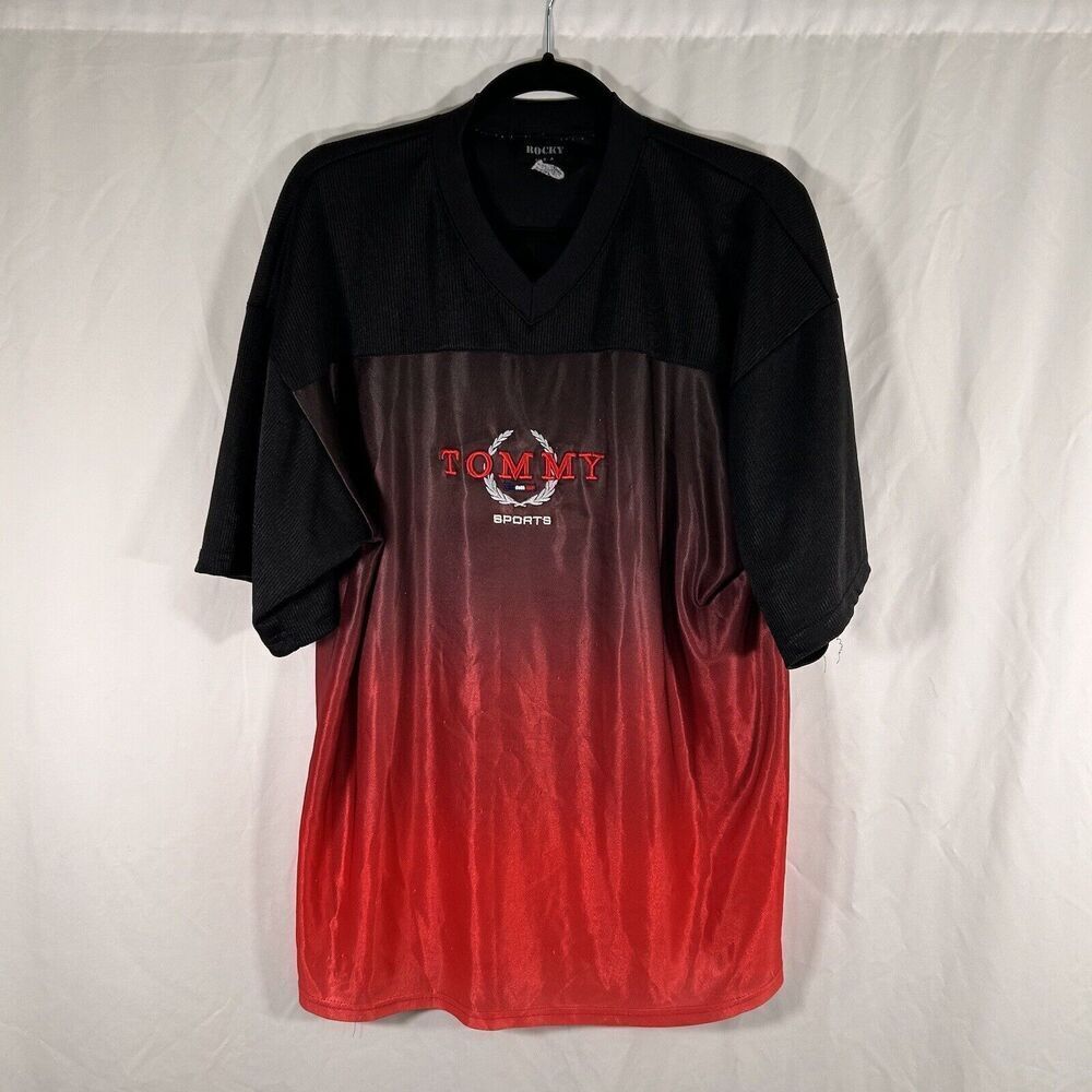 Vintage Tommy Sports Men's XL Black Red Vneck Short Sleeve Rocky USA 90s